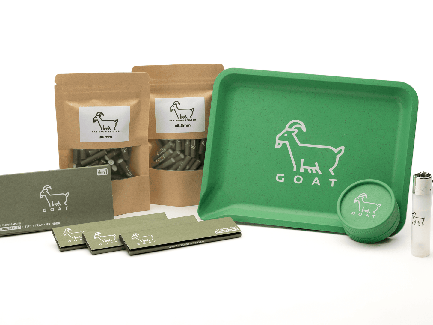 GOAT BUNDLE GOATFILTERS CLIPPER TRAY GRINDER AKTIS LONGPAPES GOAT 2 GO GRÜN SPECIAL